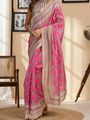 Pink pink printed chanderi cotton ready to wear saree 4