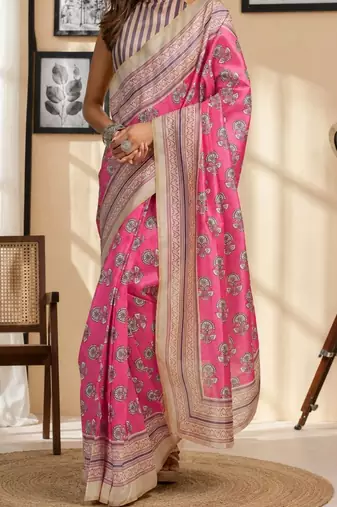 Pink pink printed chanderi cotton ready to wear saree