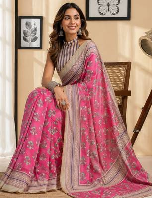 Pink pink printed chanderi cotton ready to wear saree 5