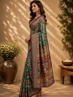 Teal green printed chanderi cotton ready to wear saree 1