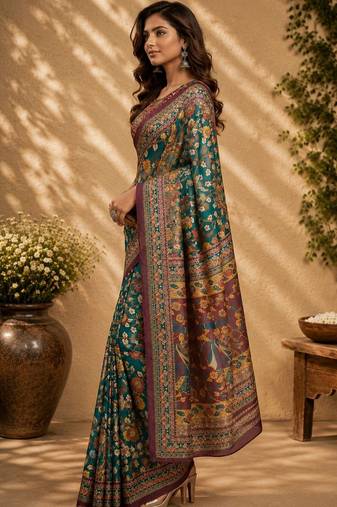 Teal green printed chanderi cotton ready to wear saree