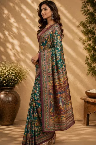 Teal green printed chanderi cotton ready to wear saree