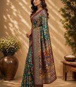 Teal green printed chanderi cotton ready to wear saree