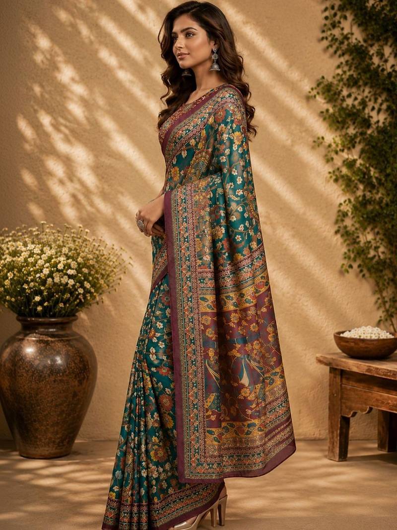 Teal green printed chanderi cotton ready to wear saree