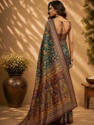 Teal green printed chanderi cotton ready to wear saree 2