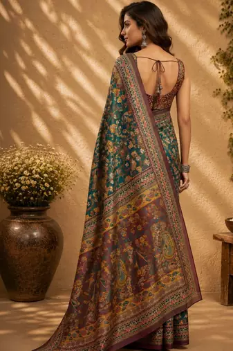 Teal green printed chanderi cotton ready to wear saree