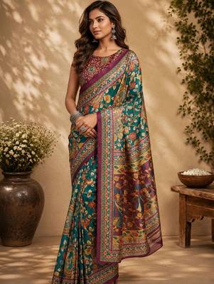 Teal green printed chanderi cotton ready to wear saree 3