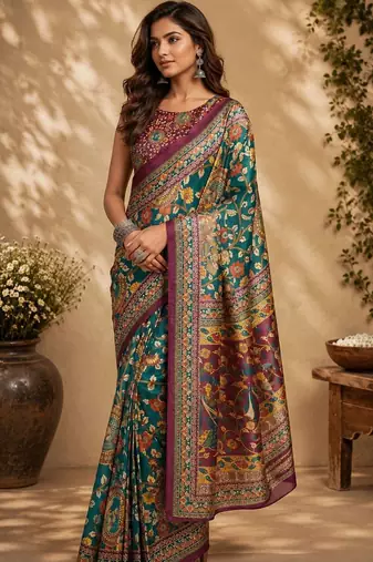 Teal green printed chanderi cotton ready to wear saree