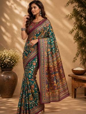 Teal green printed chanderi cotton ready to wear saree 4