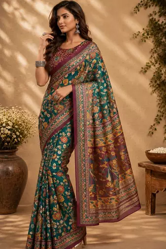 Teal green printed chanderi cotton ready to wear saree