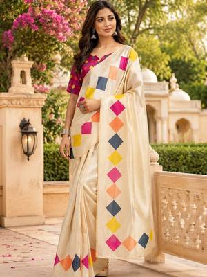 Cream white printed chanderi cotton ready to wear saree 1
