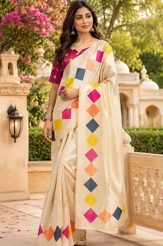 Cream white printed chanderi cotton ready to wear saree