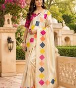 Cream white printed chanderi cotton ready to wear saree