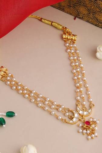 Gold plated kundan pink stone beaded multi layered choker necklace
