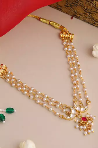 Gold plated kundan pink stone beaded multi layered choker necklace