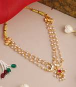 Gold plated kundan pink stone beaded multi layered choker necklace