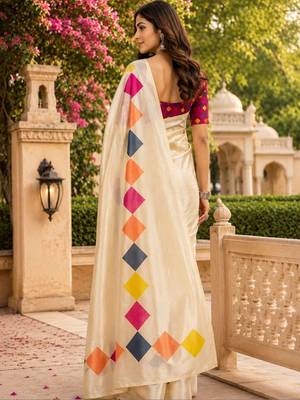Cream white printed chanderi cotton ready to wear saree 2