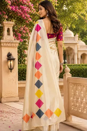 Cream white printed chanderi cotton ready to wear saree