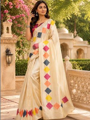 Cream white printed chanderi cotton ready to wear saree 3
