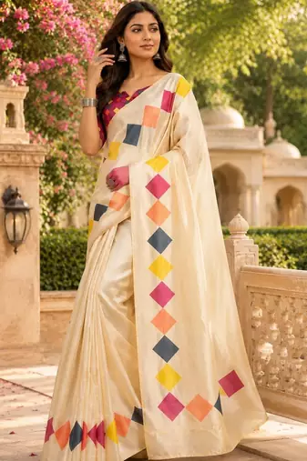 Cream white printed chanderi cotton ready to wear saree
