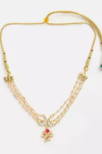 Gold plated kundan pink stone beaded multi layered choker necklace