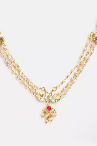 Gold plated kundan pink stone beaded multi layered choker necklace