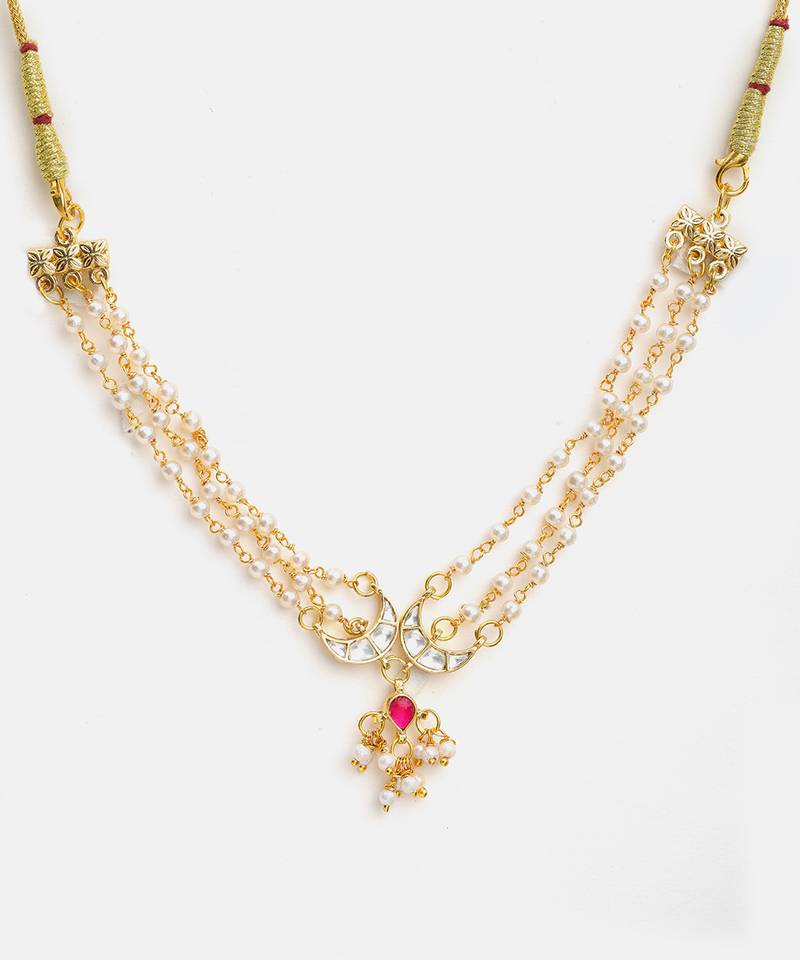 Gold plated kundan pink stone beaded multi layered choker necklace