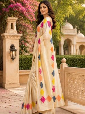 Cream white printed chanderi cotton ready to wear saree 4