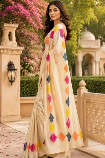 Cream white printed chanderi cotton ready to wear saree