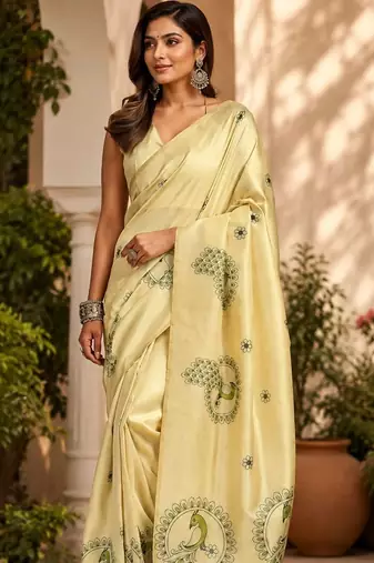 Cream cream printed chanderi cotton ready to wear saree