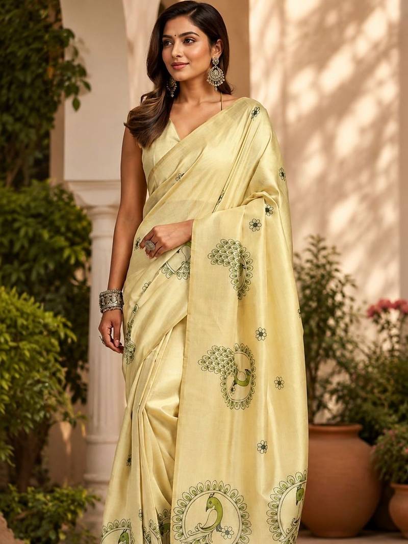 Cream cream printed chanderi cotton ready to wear saree