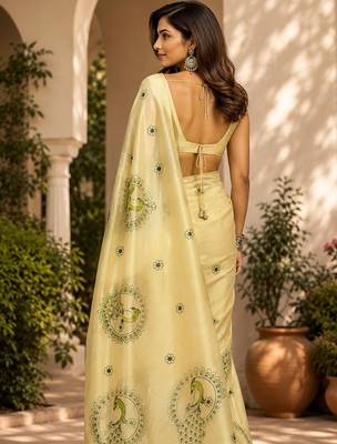 Cream cream printed chanderi cotton ready to wear saree 2