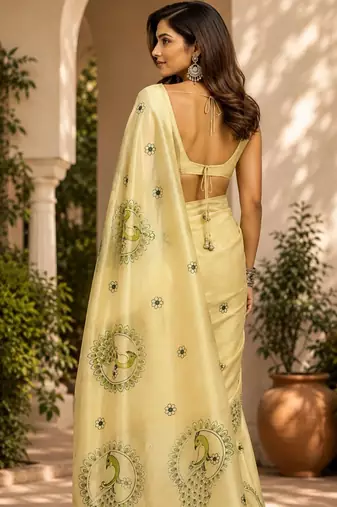 Cream cream printed chanderi cotton ready to wear saree
