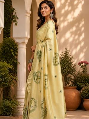 Cream cream printed chanderi cotton ready to wear saree 3