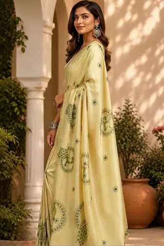 Cream cream printed chanderi cotton ready to wear saree