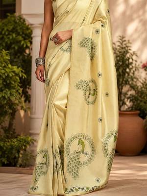 Cream cream printed chanderi cotton ready to wear saree 4