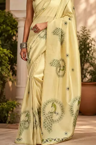 Cream cream printed chanderi cotton ready to wear saree