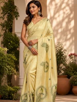 Cream cream printed chanderi cotton ready to wear saree 5