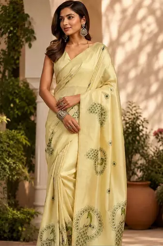 Cream cream printed chanderi cotton ready to wear saree