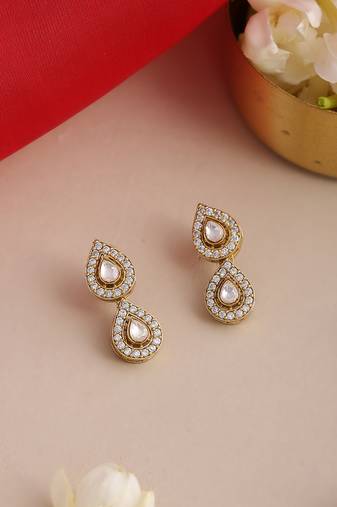 Gold plated kundan white stone stud earrings