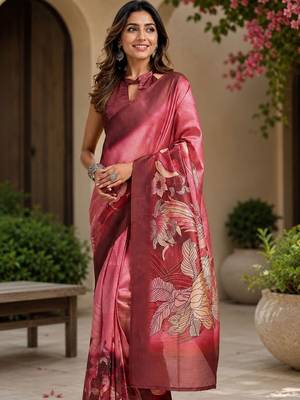 Red printed chanderi cotton ready to wear saree 1