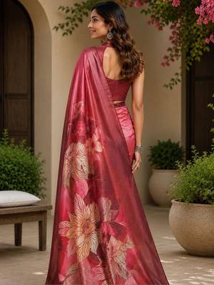 Red printed chanderi cotton ready to wear saree 2