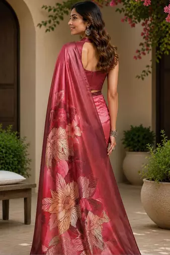 Red printed chanderi cotton ready to wear saree
