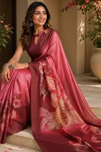 Red printed chanderi cotton ready to wear saree