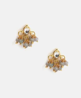Gold plated kundan grey beaded stud earrings 1
