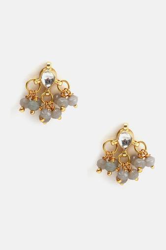 Gold plated kundan grey beaded stud earrings
