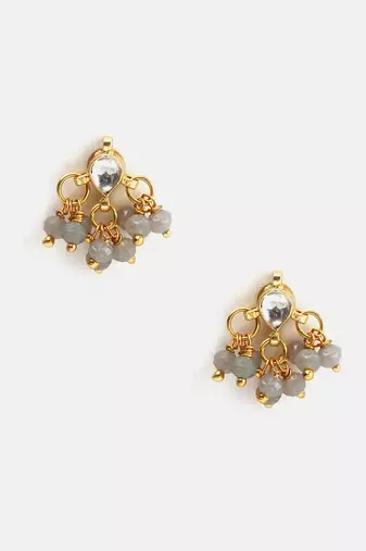 Gold plated kundan grey beaded stud earrings