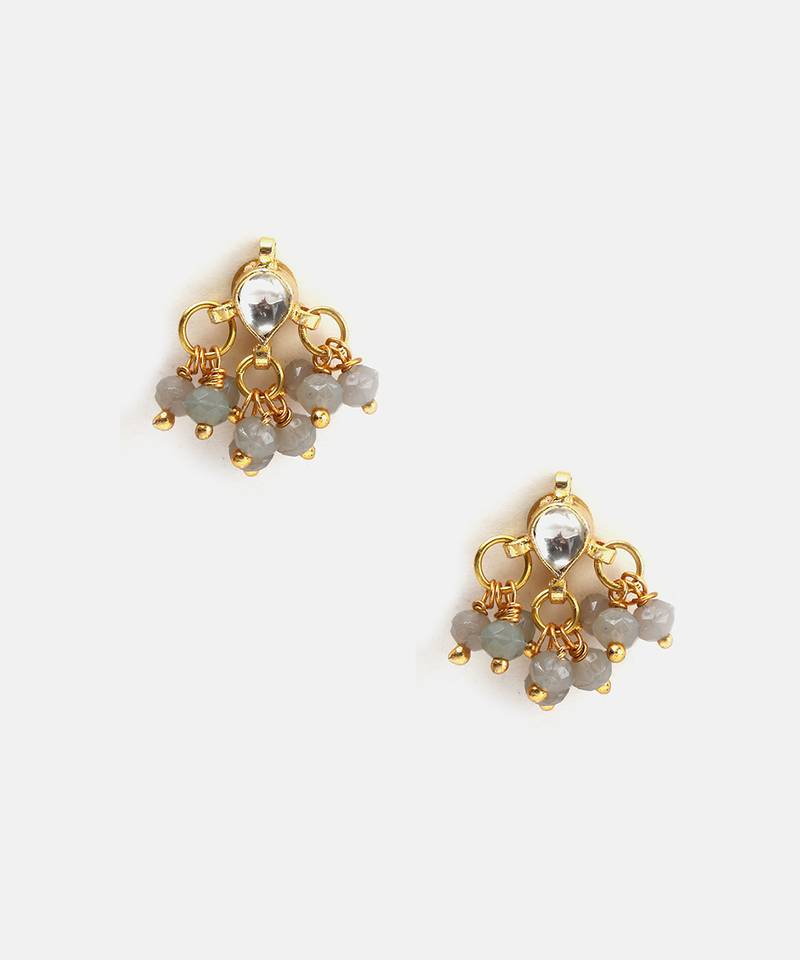Gold plated kundan grey beaded stud earrings