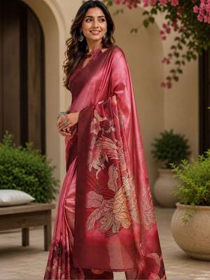 Red printed chanderi cotton ready to wear saree 4