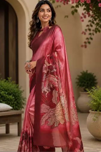 Red printed chanderi cotton ready to wear saree